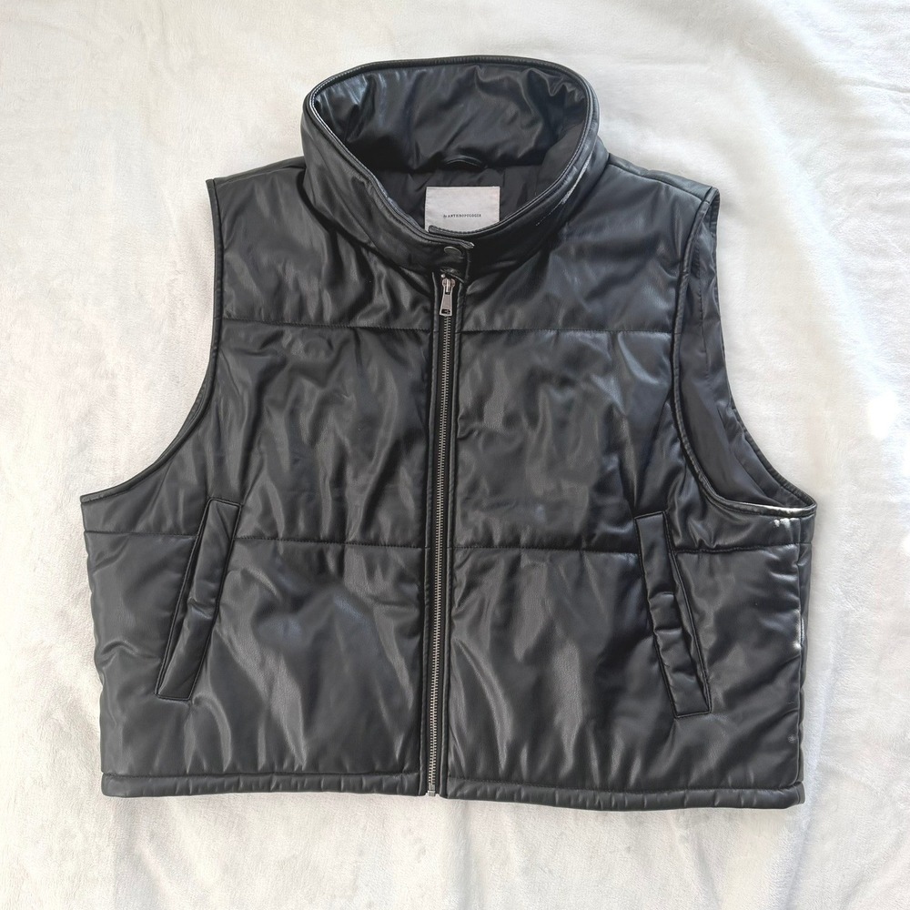 Anthropologie Puffer Vest Womens XL Black Excellent Faux Leather Quilted Zip Up